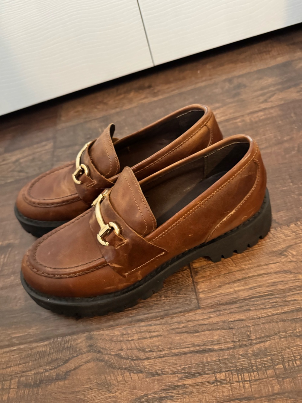 Steve Madden Brown Leather Platform Loafers Gold Horsebit Lug Sole Size 8 NWOT